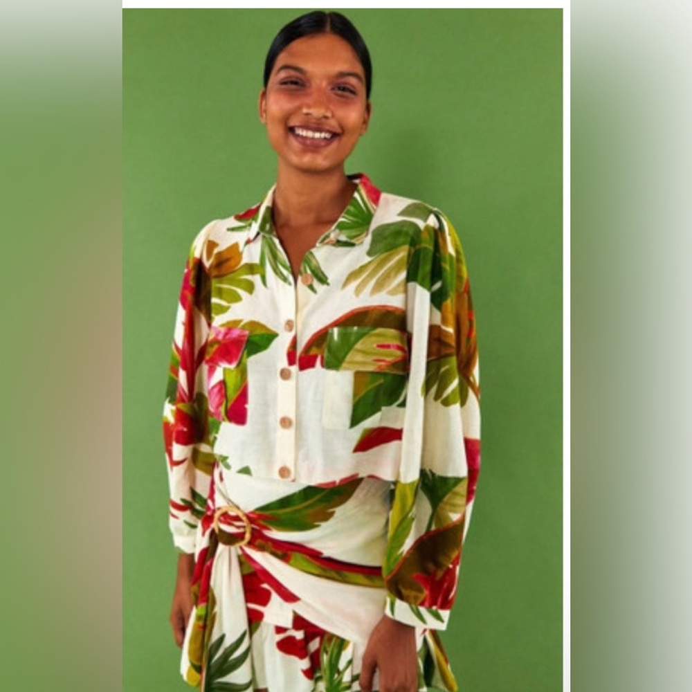 Farm Rio Forest Linen Blend Cropped Boxy Shirt Size Small - Picture 2 of 6